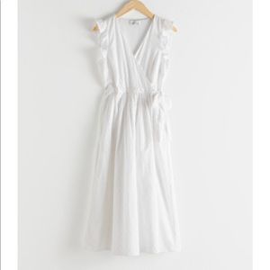 White Ruffled Cotton Dobby Midi Dress